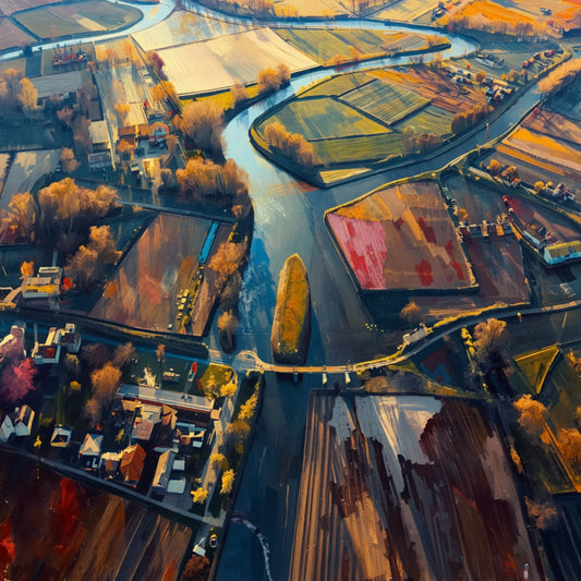 Cinematografisch luchtfoto schilderij van Amersfoort polderlandschap met slingerende rivier, gouden akkers, groene percelen en dramatische oranje en blauwe kleurvlakken vanuit vogelperspectief – wall art print
