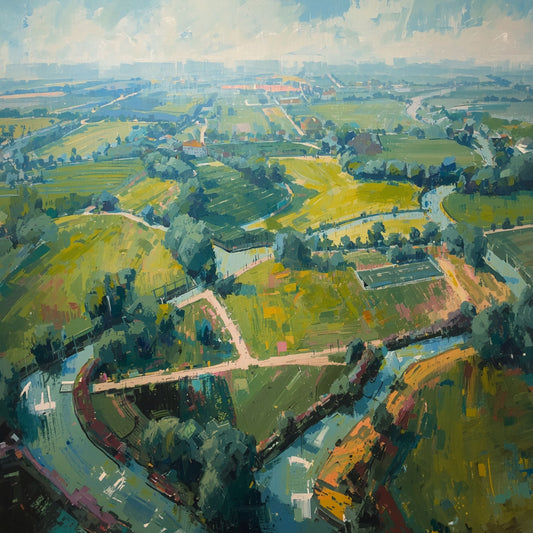 Impressionistisch luchtfoto schilderij van Nederlands polderlandschap met weelderige groene percelen, slingerende rivier, bomenrijen en lichte bewolkte lucht vanuit vogelperspectief – wall art print
