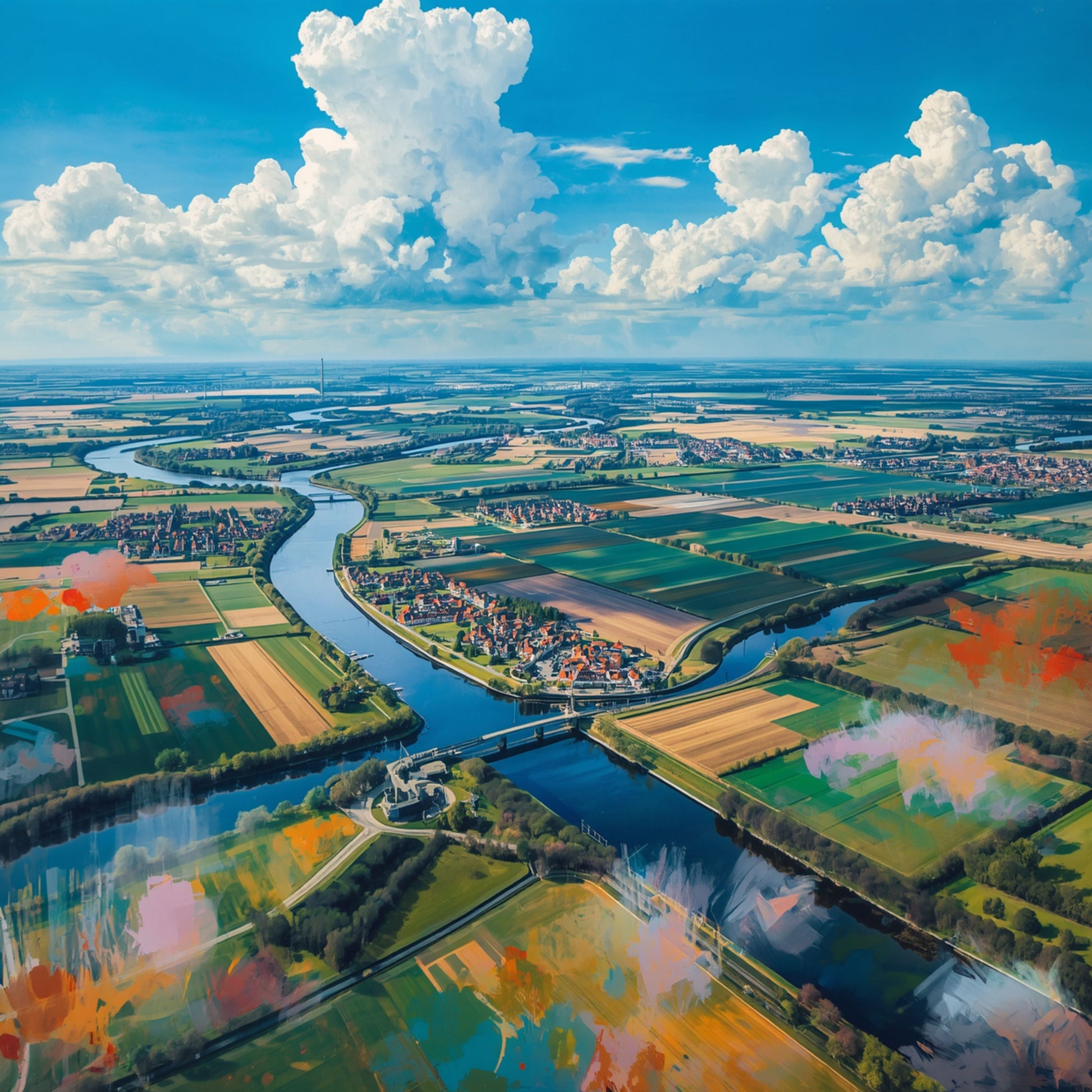 Mixed-media luchtfoto schilderij van Nederlands polderlandschap met slingerende rivier, kleurrijke akkers in groen, oranje en rood en dramatische witte wolkenlucht vanuit vogelperspectief – wall art print
