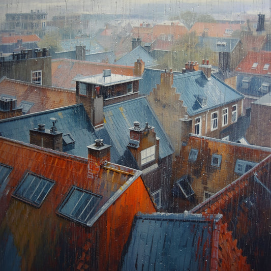 Expressionistisch schilderij van daken bij regenachtige schemering met blauwe pannendaken, oranje schoorstenen, dakramen en mistige grijze lucht vanuit vogelperspectief – wall art print
