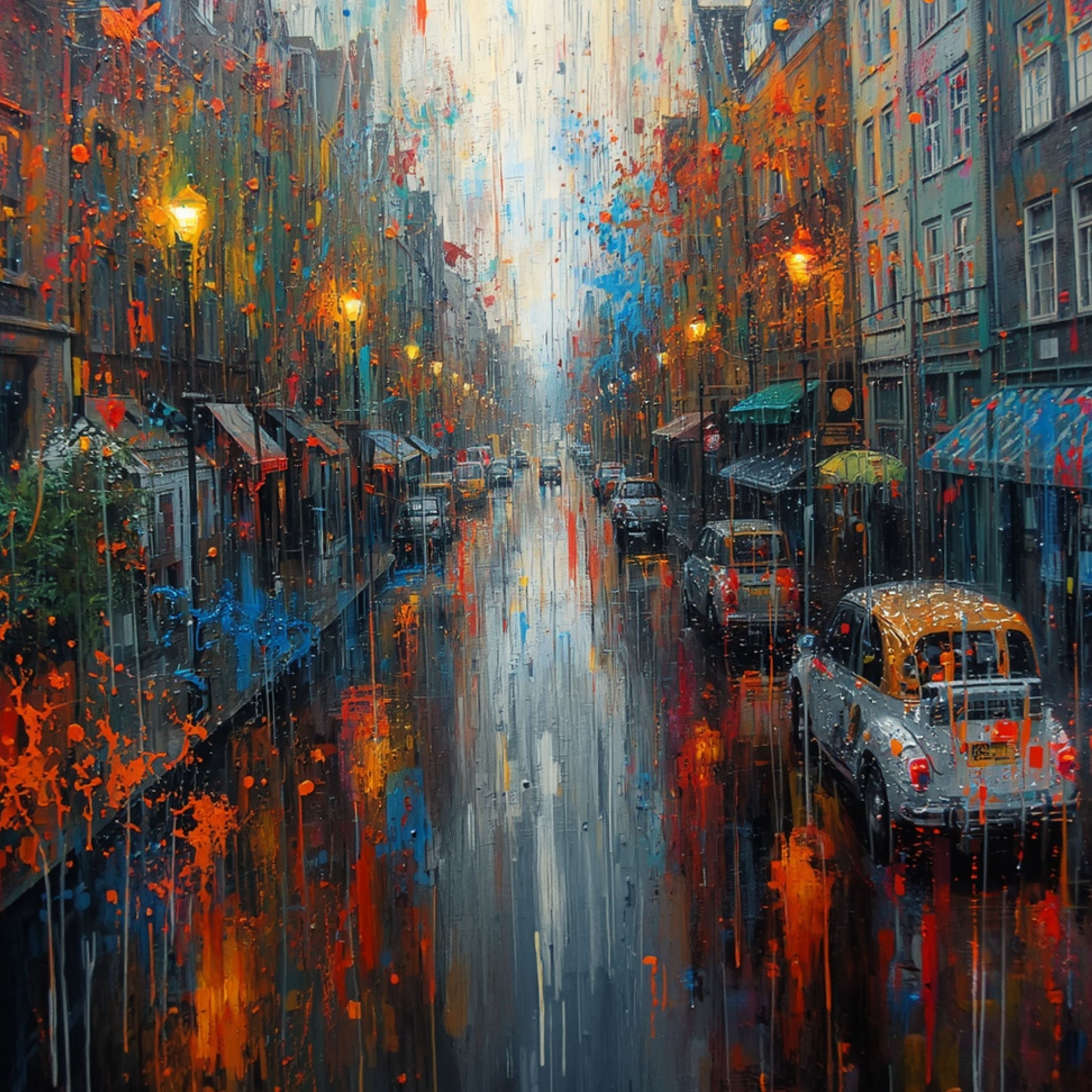 Kleurrijk expressionistisch schilderij van regenachtige Amsterdamse straat bij nacht met gouden lantaarnreflecties, rode verfspetters, retro auto's en kleurrijke neonlichten op natte klinkers – wall art print
