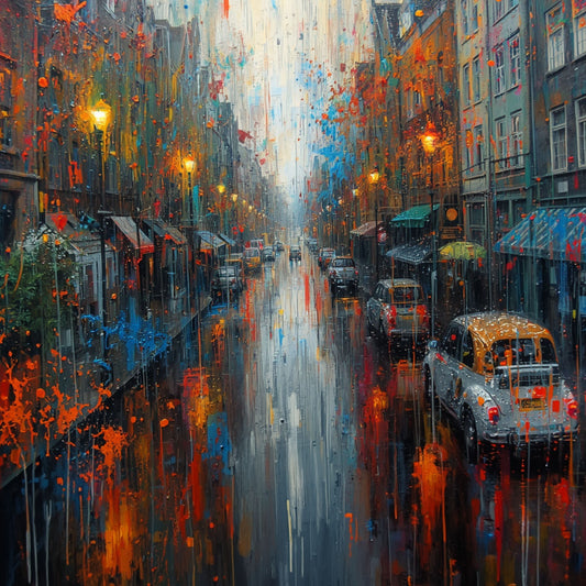 Kleurrijk expressionistisch schilderij van regenachtige Amsterdamse straat bij nacht met gouden lantaarnreflecties, rode verfspetters, retro auto's en kleurrijke neonlichten op natte klinkers – wall art print
