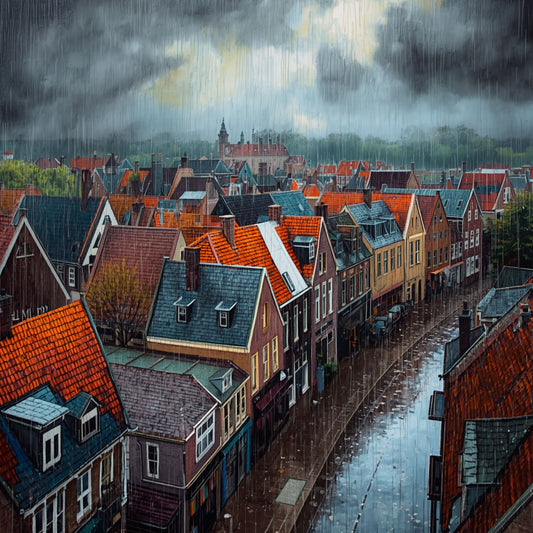 Realistisch schilderij van regenachtige gracht in Nederlandse stad met rode pannendaken, historische gevels, donkere wolkenlucht en waterreflecties op natte klinkers – wall art print

