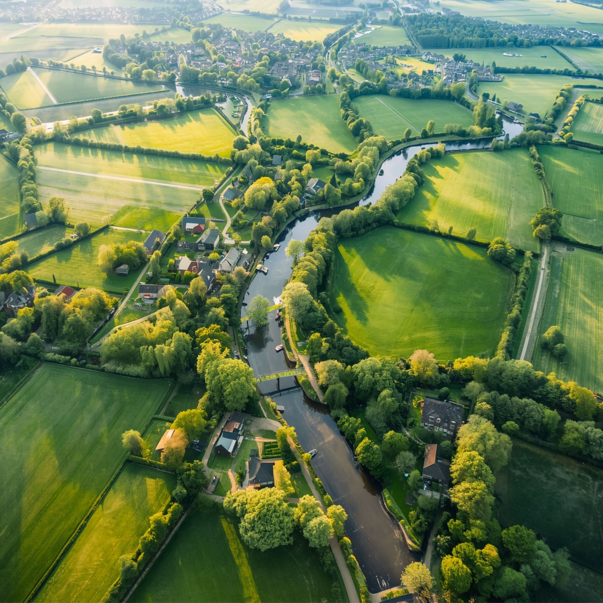 Fotorealistisch luchtfoto schilderij van weelderig groen Brits of Iers landschap met slingerende rivier, heggen, bomenrijen en verspreid liggende boerderijen vanuit vogelperspectief – wall art print
