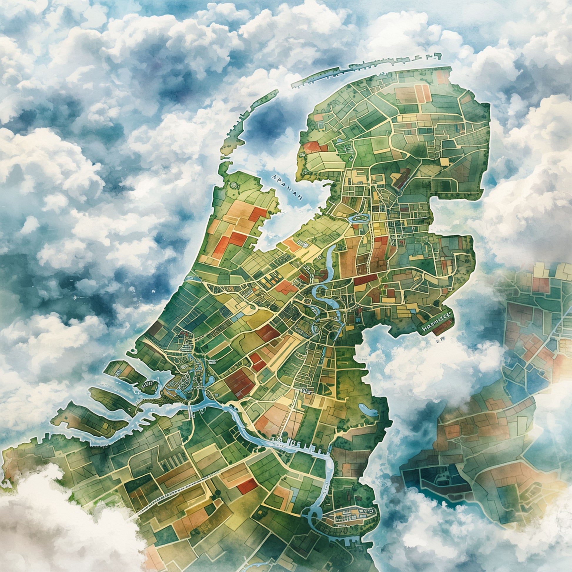 Aquarel kaartillustratie van Nederland in de vorm van het land met kleurrijke polderpercelen, rivieren en wolkenomlijsting vanuit vogelperspectief – wall art print

