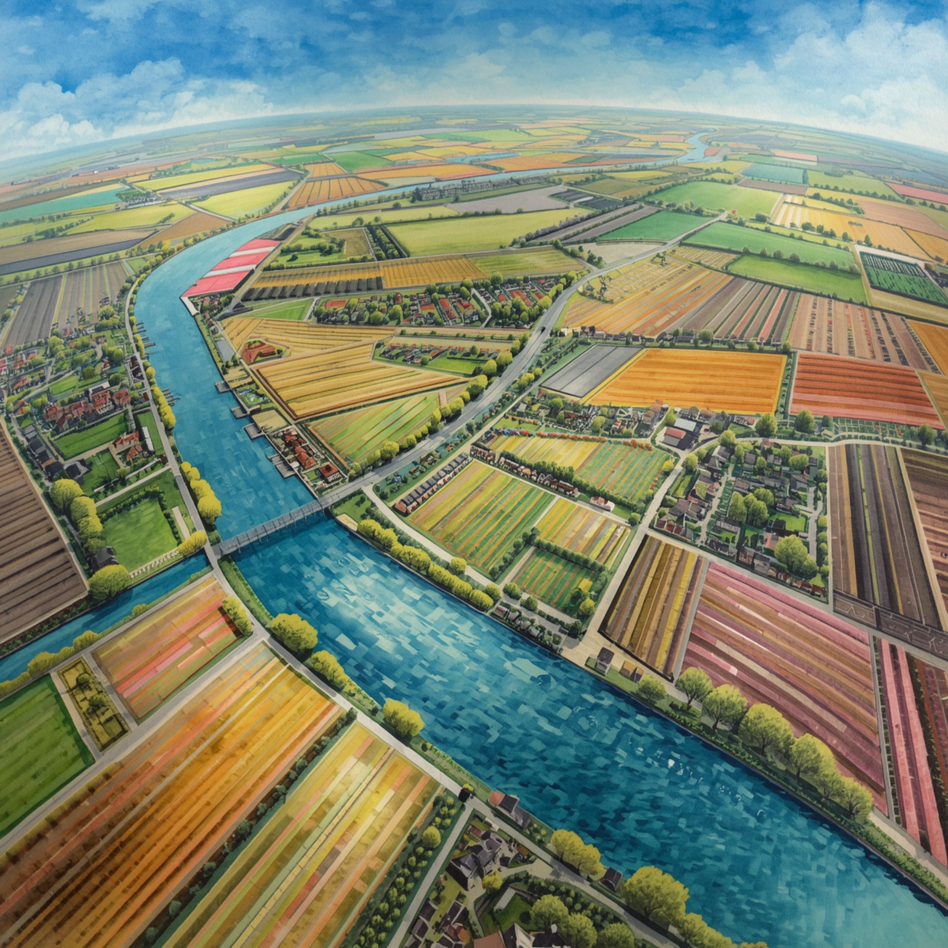 Aquarel luchtfoto schilderij van Nederlands polderlandschap met kleurrijke percelen in geel, oranje en groen, slingerende blauwe rivier en bomenrijen vanuit vogelperspectief – wall art print
