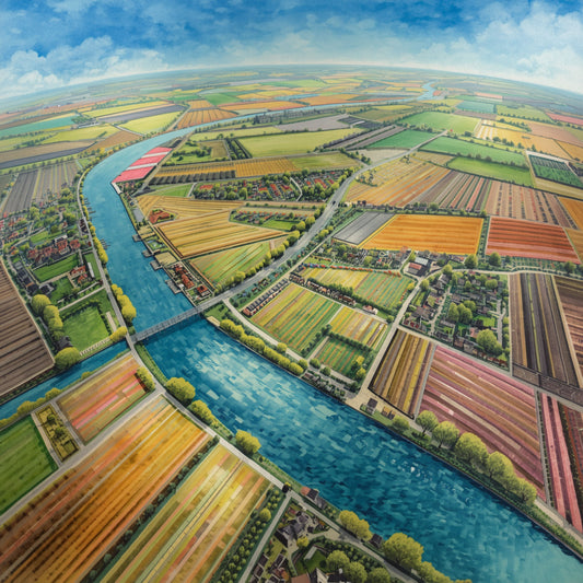 Aquarel luchtfoto schilderij van Nederlands polderlandschap met kleurrijke percelen in geel, oranje en groen, slingerende blauwe rivier en bomenrijen vanuit vogelperspectief – wall art print
