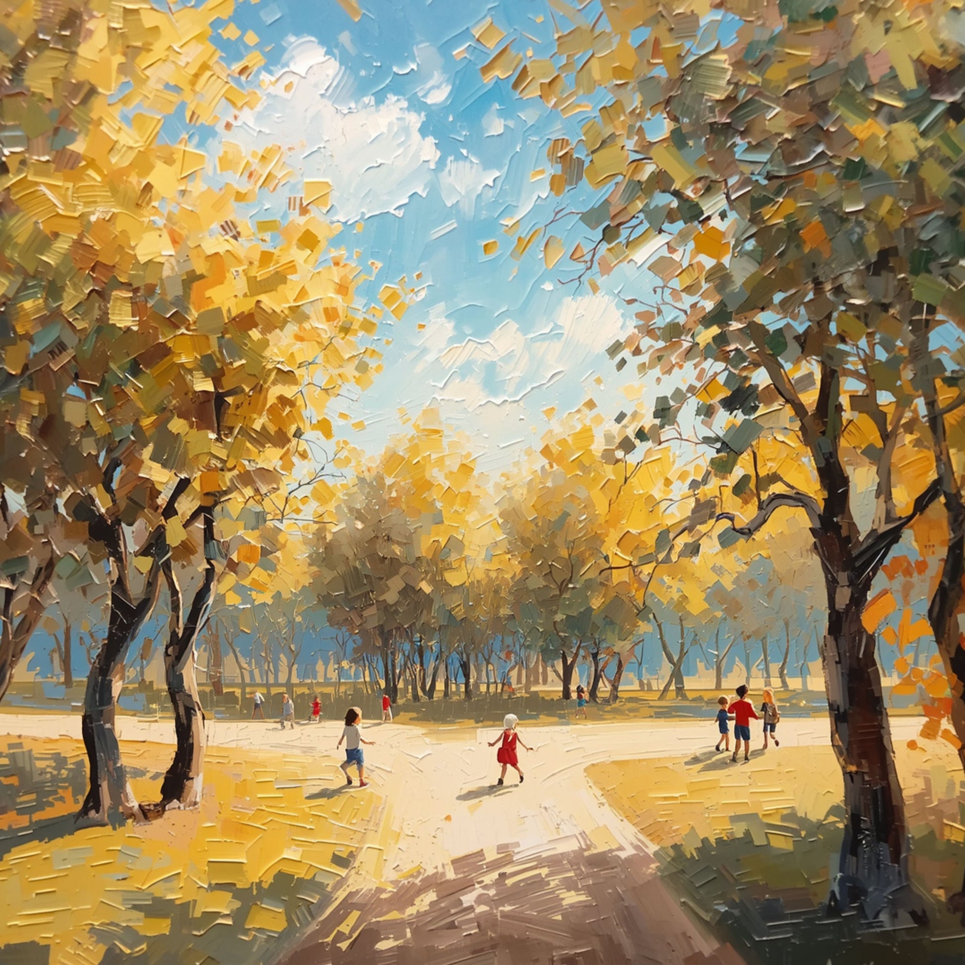Schilderij van zonnig herfstpark met gouden bomen, spelende kinderen op zandpad en stralend blauwe lucht – impressionistisch natuur wall art print

