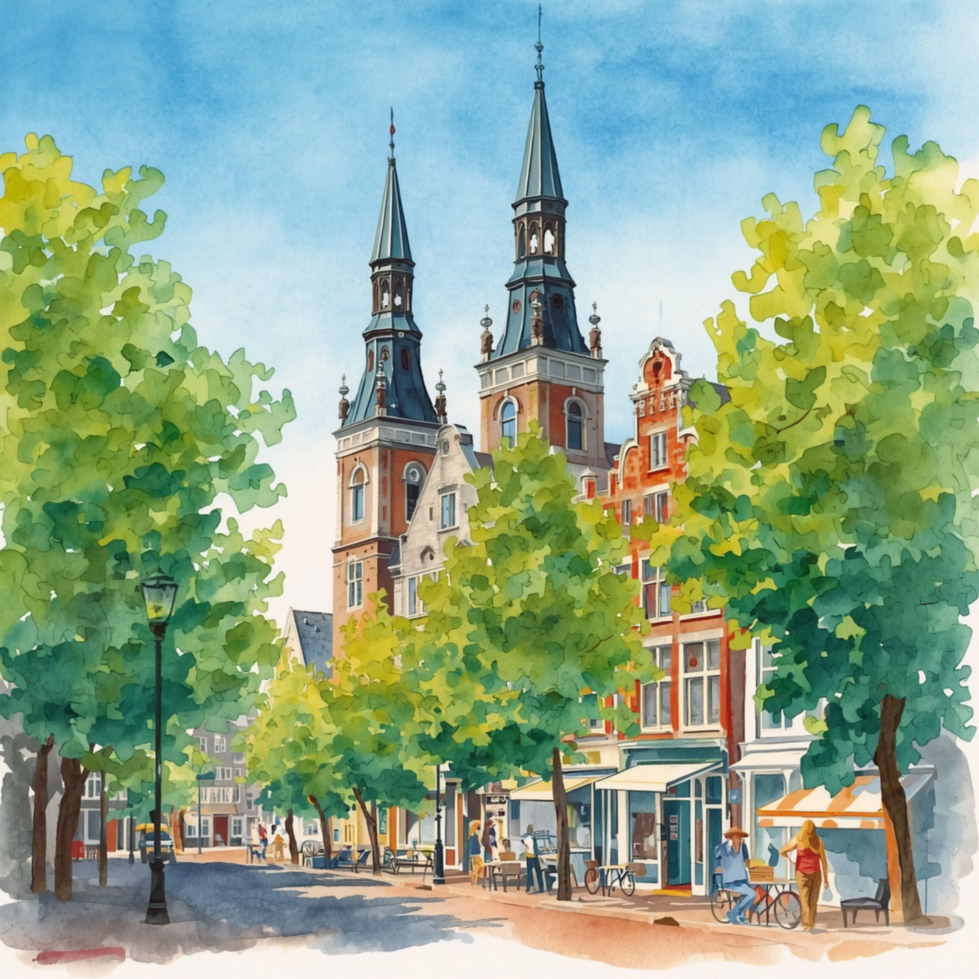 Aquarel schilderij van zonnig Amersfoort stadsplein met twee gotische kerktorens, weelderige groene bomen, terrasjes en fietsers langs historische gevels in zomerse sfeer – wall art print
