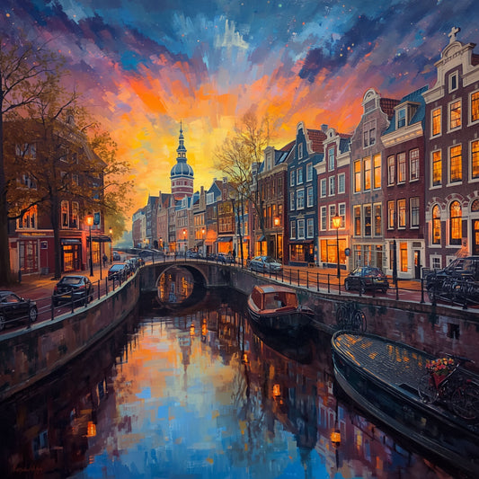 Dramatisch schilderij gracht bij zonsondergang met vurige oranje en paarse lucht, verlichte grachtenpanden, woonboten en gouden waterreflecties – wall art print
