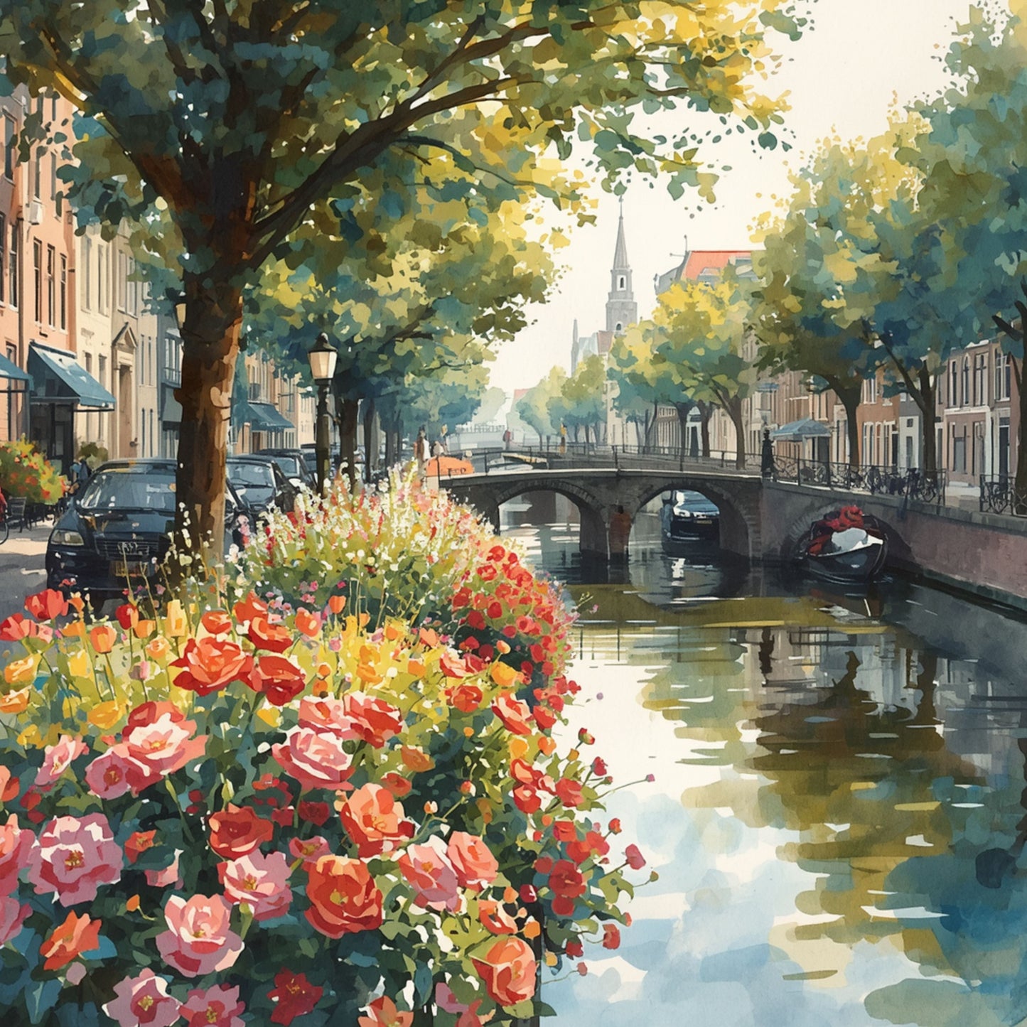Romantisch aquarel schilderij van gracht in de lente met weelderige roze en rode rozen op de voorgrond, stenen brug, kerktoren en zachte waterreflecties – wall art print
