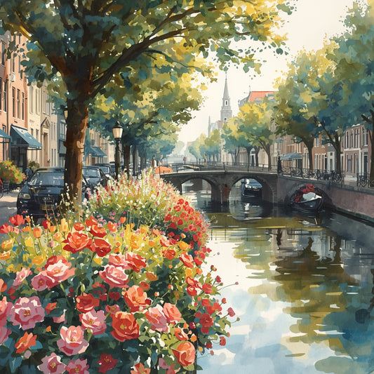 Romantisch aquarel schilderij van gracht in de lente met weelderige roze en rode rozen op de voorgrond, stenen brug, kerktoren en zachte waterreflecties – wall art print
