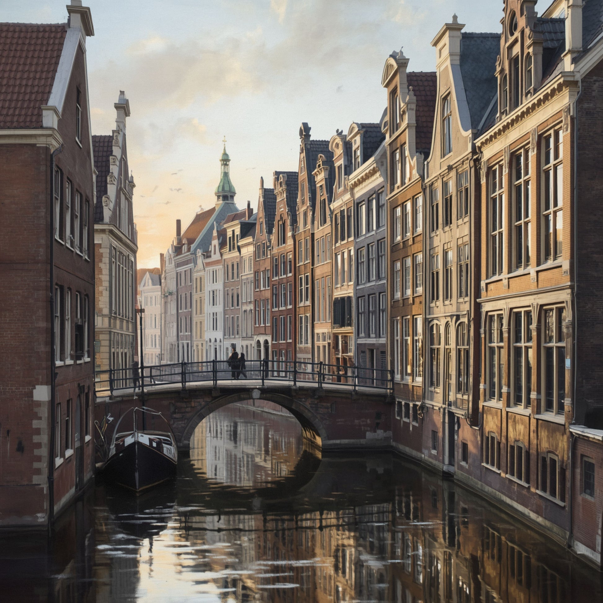 Klassiek realistisch schilderij van Amersfoort gracht met historische gevels, stenen brug, afgemeerde boot en zachte waterreflecties in gouden daglicht – wall art print
