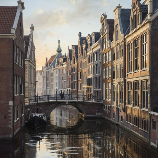 Klassiek realistisch schilderij van Amersfoort gracht met historische gevels, stenen brug, afgemeerde boot en zachte waterreflecties in gouden daglicht – wall art print
