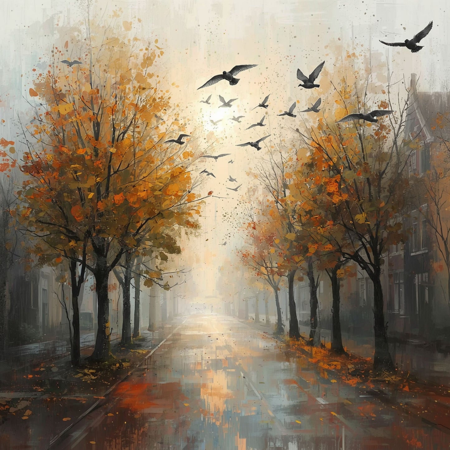 Impressionistisch schilderij van herfstlaan met oranje en gouden bomen, vliegende vogels, natte klinkers met lichtreflecties en zachte mistige sfeer – woonkamer schilderij

