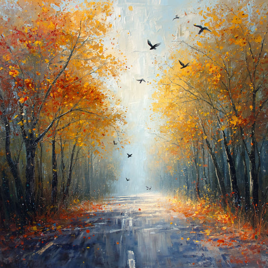 Sfeervol impressionistisch schilderij van herfstlaan met gouden en oranje bomen, vliegende vogels, natte klinkers met blauwe waterreflecties en zacht gouden licht op de achtergrond – woonkamer schilderij
