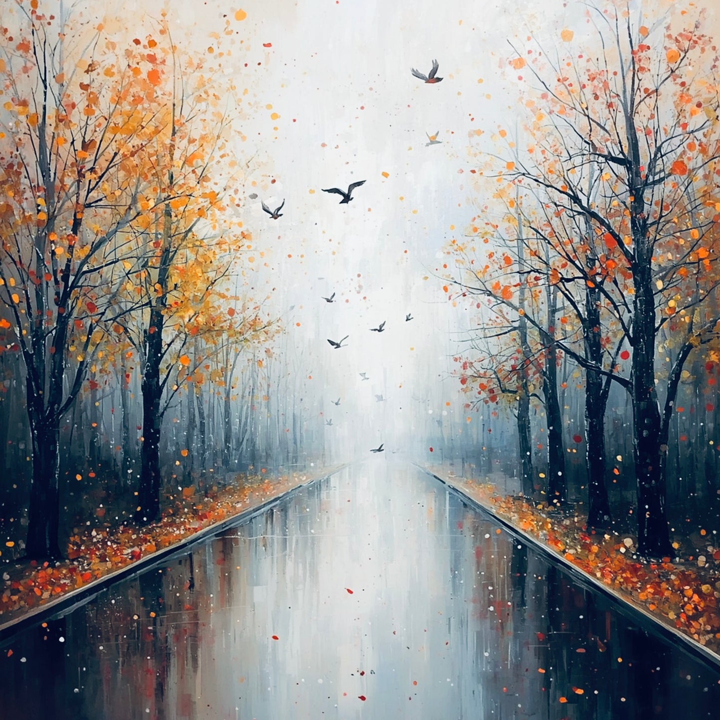 Dromerig impressionistisch schilderij van herfstlaan met kale donkere bomen, vallende oranje bladeren, vliegende vogels en stille blauwe waterreflecties in mistige sfeer – woonkamer schilderij

