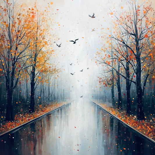 Dromerig impressionistisch schilderij van herfstlaan met kale donkere bomen, vallende oranje bladeren, vliegende vogels en stille blauwe waterreflecties in mistige sfeer – woonkamer schilderij
