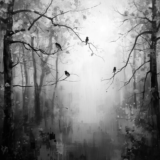 Dramatisch zwart-wit schilderij van mistig bos met kale takken, silhouetten van vogels op takken en stille witte mist die het bos omhult in mystieke sfeer – woonkamer schilderij
