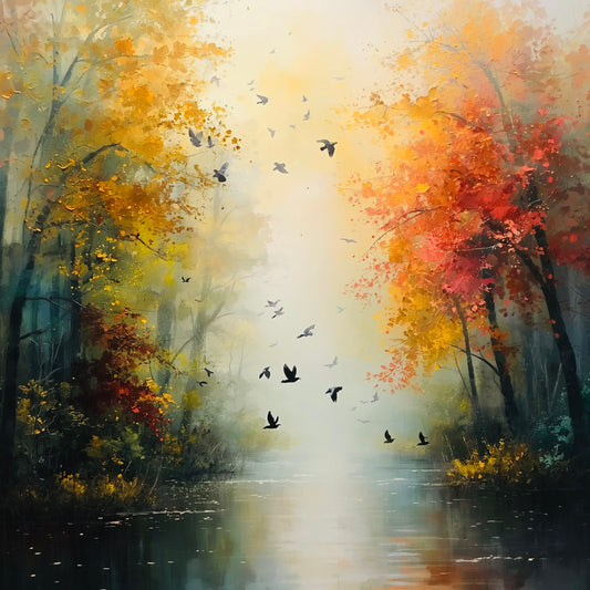 Kleurrijk impressionistisch schilderij van herfstbos met vurige rode en oranje bomen, vliegende vogels, stille waterreflecties en zacht gouden licht in dromerige bossfeer – woonkamer schilderij
