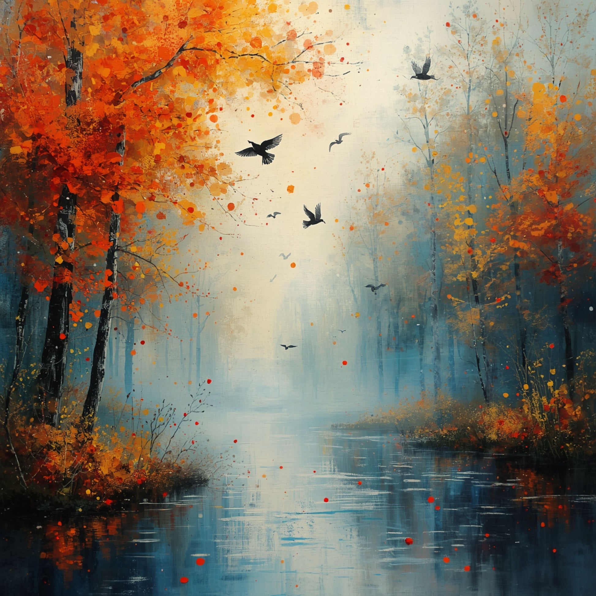 Sfeervol impressionistisch schilderij van herfstbos met rode en oranje bomen, vliegende vogels, stille blauwe waterreflecties en zachte verfspetters in dromerige bossfeer – woonkamer schilderij
