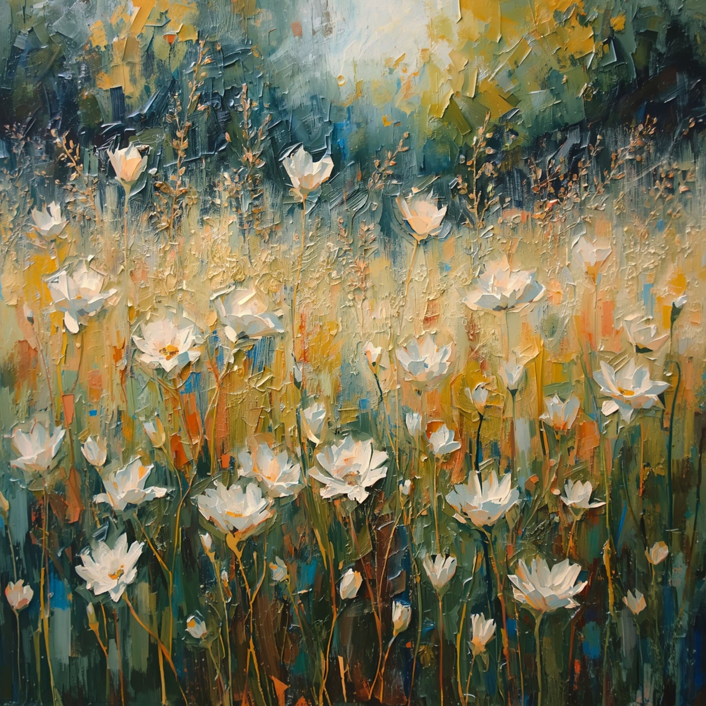 Schilderij van weelderig bloemenveld met witte lotusbloemen en wilde grassen in gouden en groene tinten – expressionistisch bloemen wall art print
