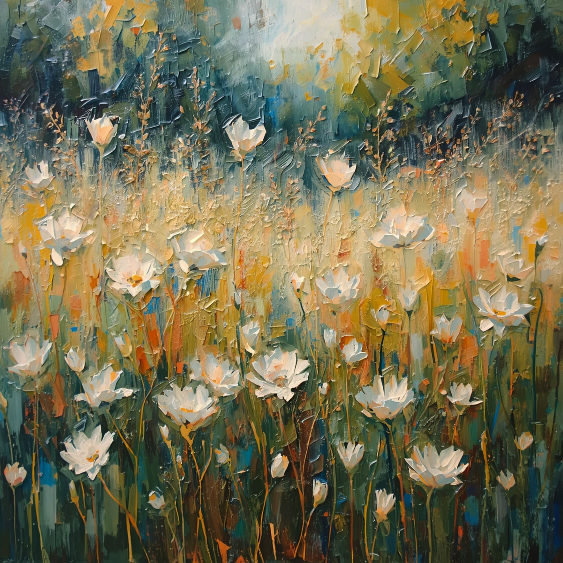 Schilderij van weelderig bloemenveld met witte lotusbloemen en wilde grassen in gouden en groene tinten – expressionistisch bloemen wall art print

