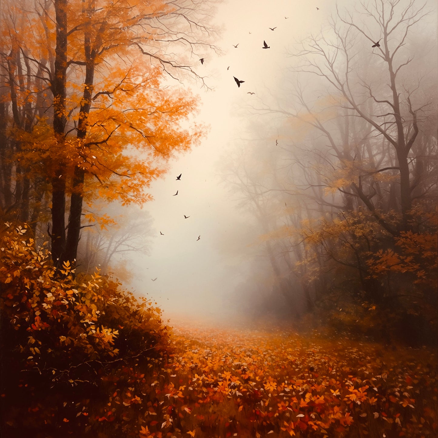 Romantisch fotorealistisch schilderij van mistig herfstbos met warme bruine en oranje bladeren op de grond, kale donkere bomen en vliegende vogels in zachte gouden mist – woonkamer schilderij
