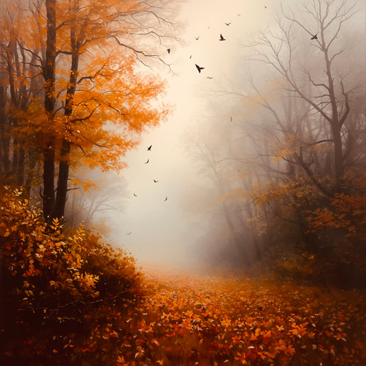 Romantisch fotorealistisch schilderij van mistig herfstbos met warme bruine en oranje bladeren op de grond, kale donkere bomen en vliegende vogels in zachte gouden mist – woonkamer schilderij

