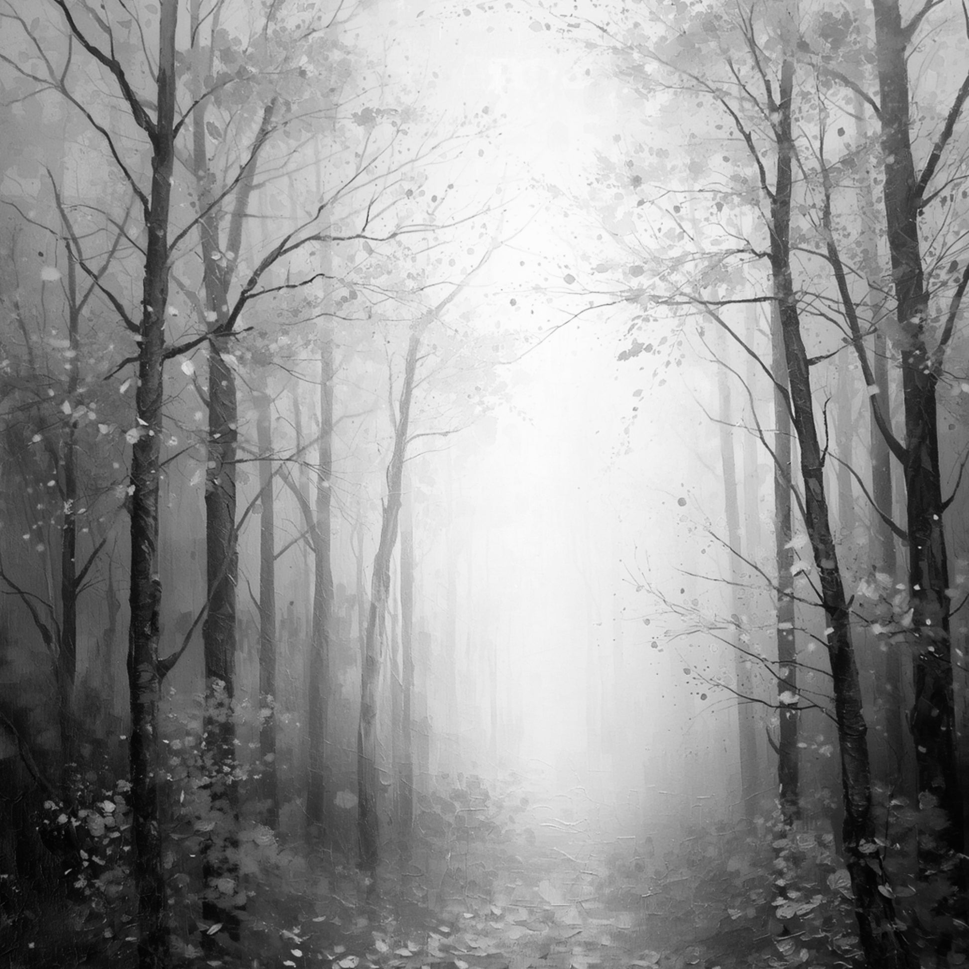 Minimalistisch zwart-wit schilderij van mistig winterbos met slanke kale bomen, vallende sneeuwvlokken en stralend wit licht dat door de bomen breekt in serene sfeer – woonkamer schilderij
