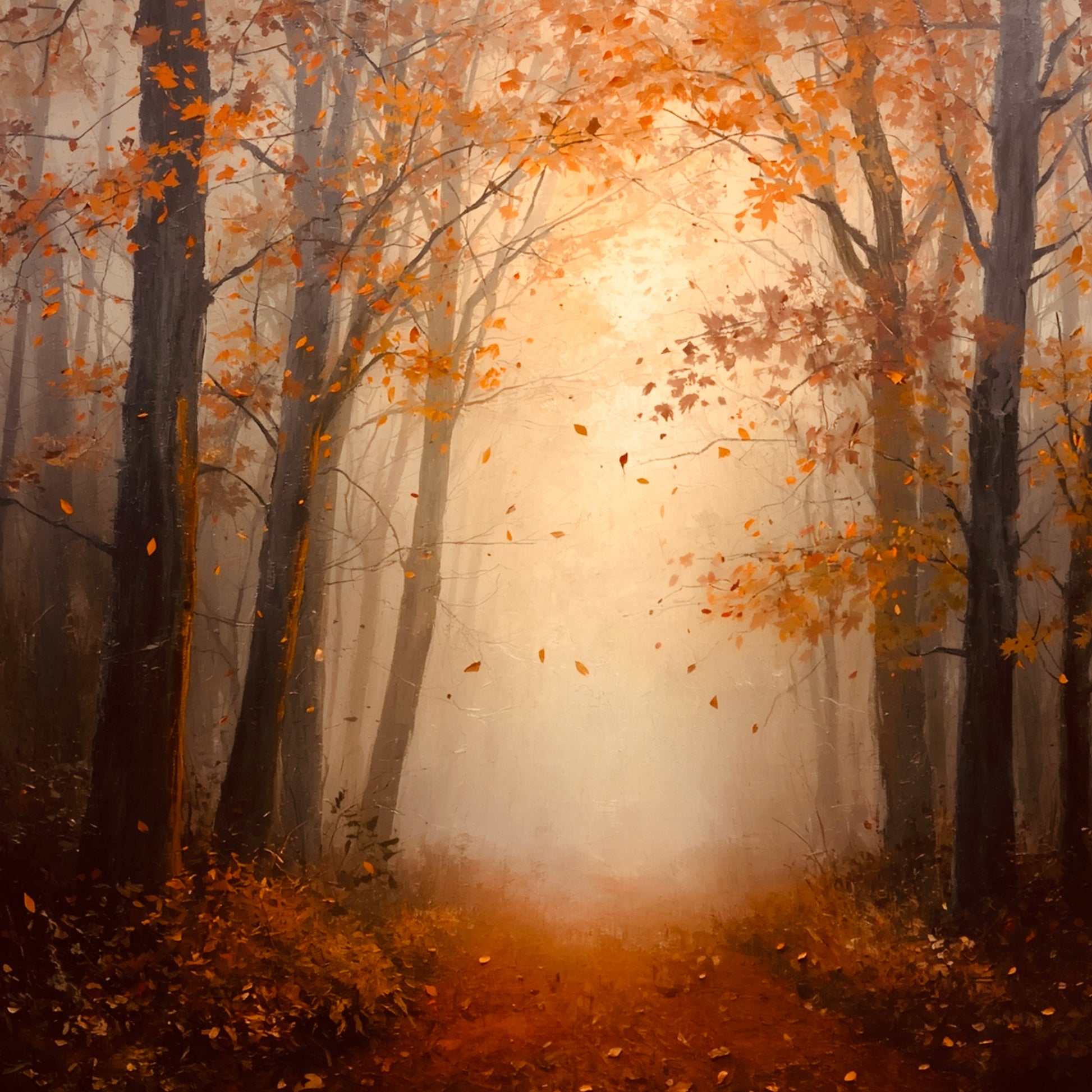 Warm impressionistisch schilderij van mistig herfstbos met gouden oranje bomen, vallende bladeren, stralend wit licht op de achtergrond en bruine bladeren op de bosgrond – woonkamer schilderij
