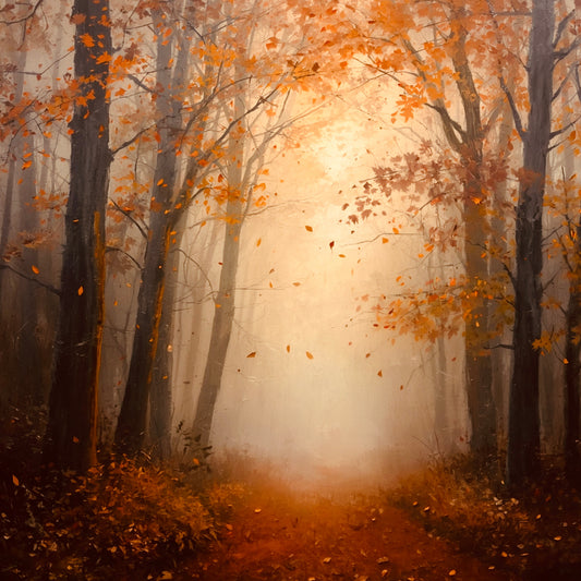 Warm impressionistisch schilderij van mistig herfstbos met gouden oranje bomen, vallende bladeren, stralend wit licht op de achtergrond en bruine bladeren op de bosgrond – woonkamer schilderij
