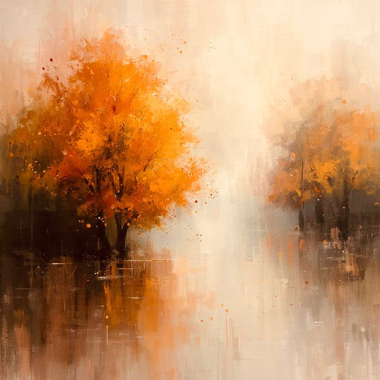 Romantisch impressionistisch schilderij van herfstlandschap met weelderige oranje en gouden bomen, zachte waterreflecties en warme beige mist in dromerige sfeer – woonkamer schilderij

