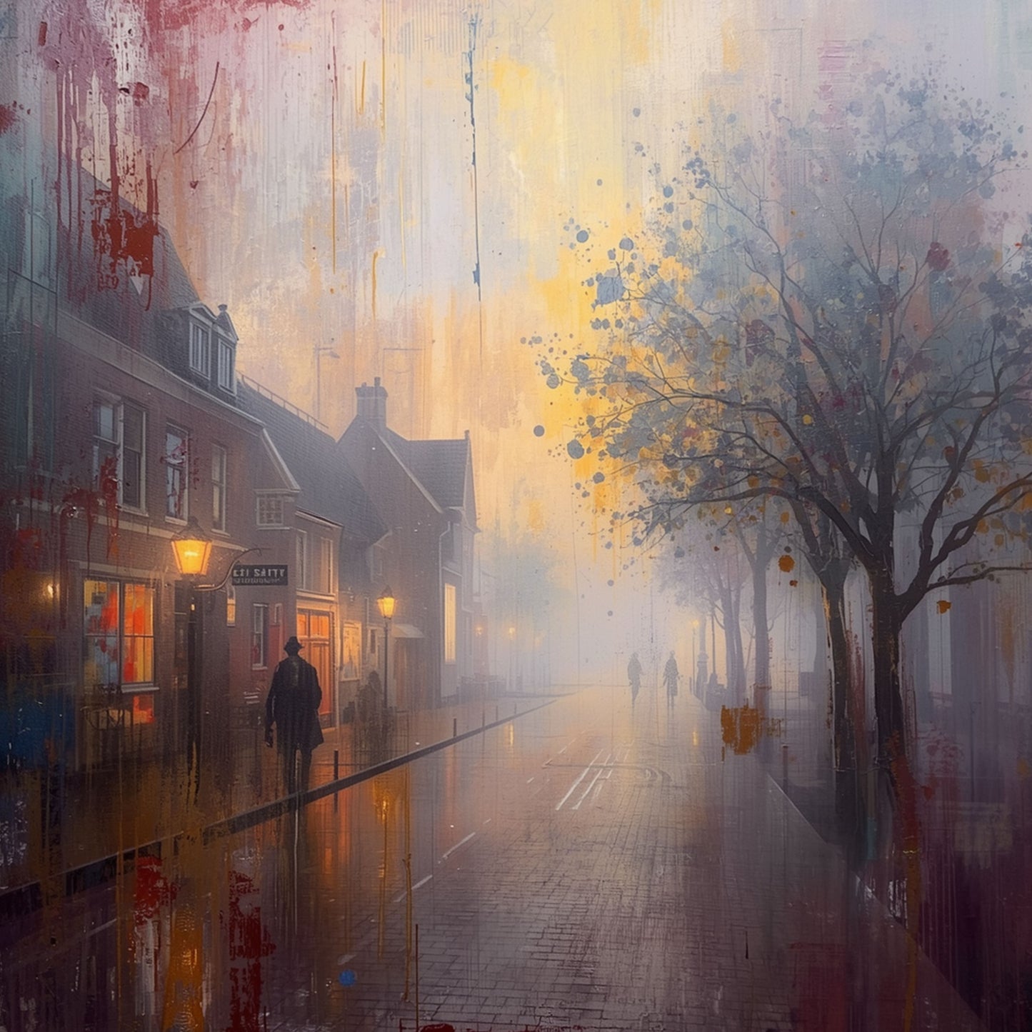 Cinematografisch schilderij van mistige stadsstraat bij schemering met silhouet van voorbijganger, gouden lantaarnlicht, natte klinkers en kleurrijke verfspetters in oranje en rood – woonkamer schilderij
