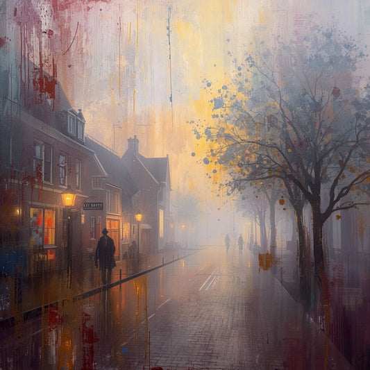 Cinematografisch schilderij van mistige stadsstraat bij schemering met silhouet van voorbijganger, gouden lantaarnlicht, natte klinkers en kleurrijke verfspetters in oranje en rood – woonkamer schilderij
