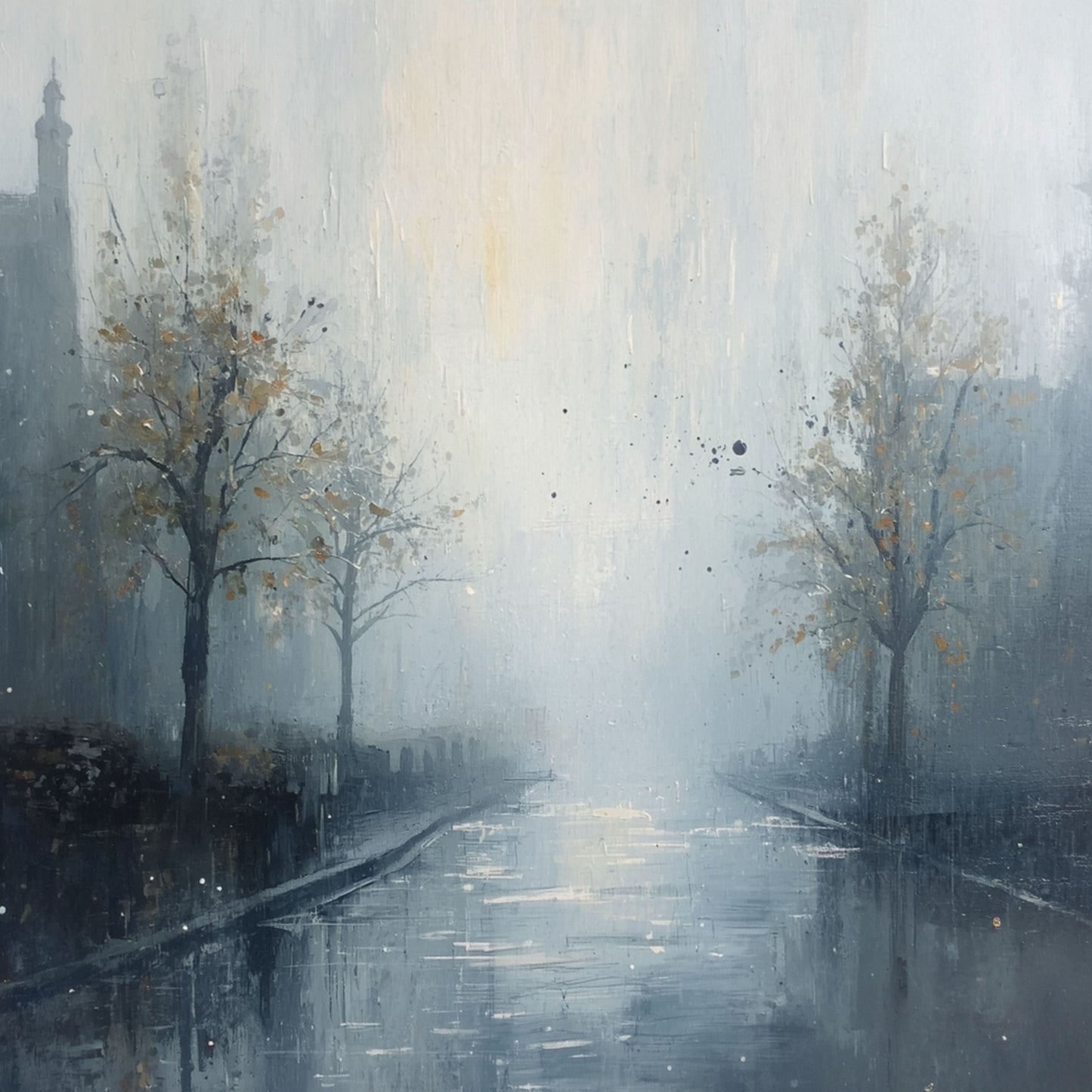 Sfeervol aquarel schilderij van regenachtige laan met kale winterbomen, natte klinkers met lichtreflecties en zachte blauwe mist in minimalistische stijl – woonkamer schilderij
