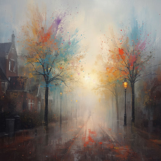 Kleurrijk impressionistisch schilderij van mistige steegje met kleurrijke herfstbomen in rood, oranje en blauw, lantaarnpaal en gouden lichtgloed in dromerige sfeer – woonkamer schilderij
