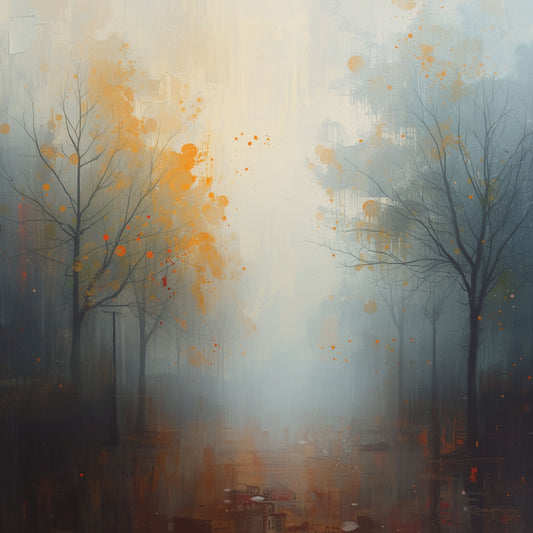 Impressionistisch schilderij van mistig herfstbos met kale bomen, gouden en oranje verfspetters, vliegende vogels en zachte pastelkleuren in dromerige sfeer – woonkamer schilderij
