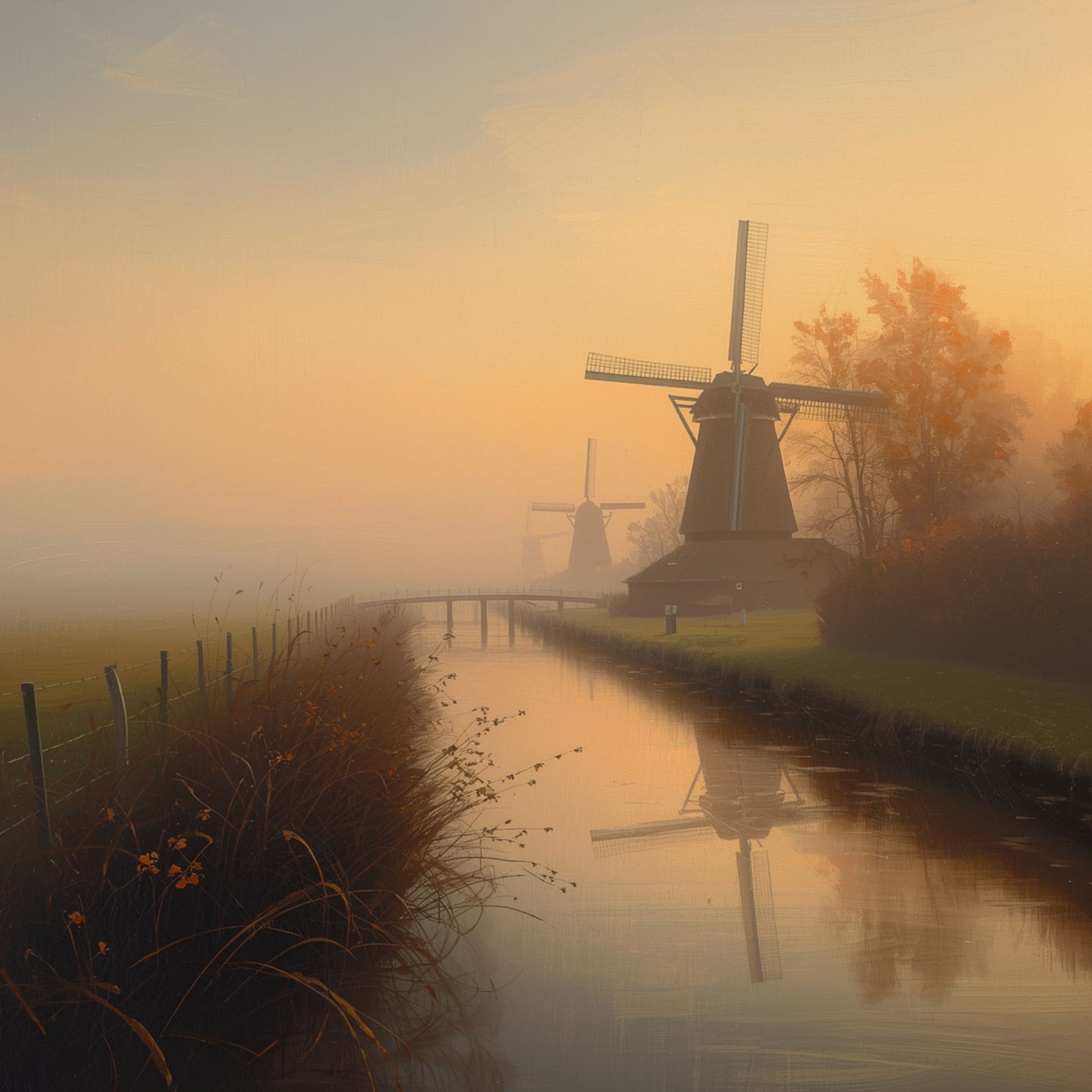 Romantisch schilderij van Nederlandse windmolens bij mistige zonsopgang met gouden ochtendlicht, stille rivier en waterreflecties in dromerige sfeer – woonkamer schilderij
