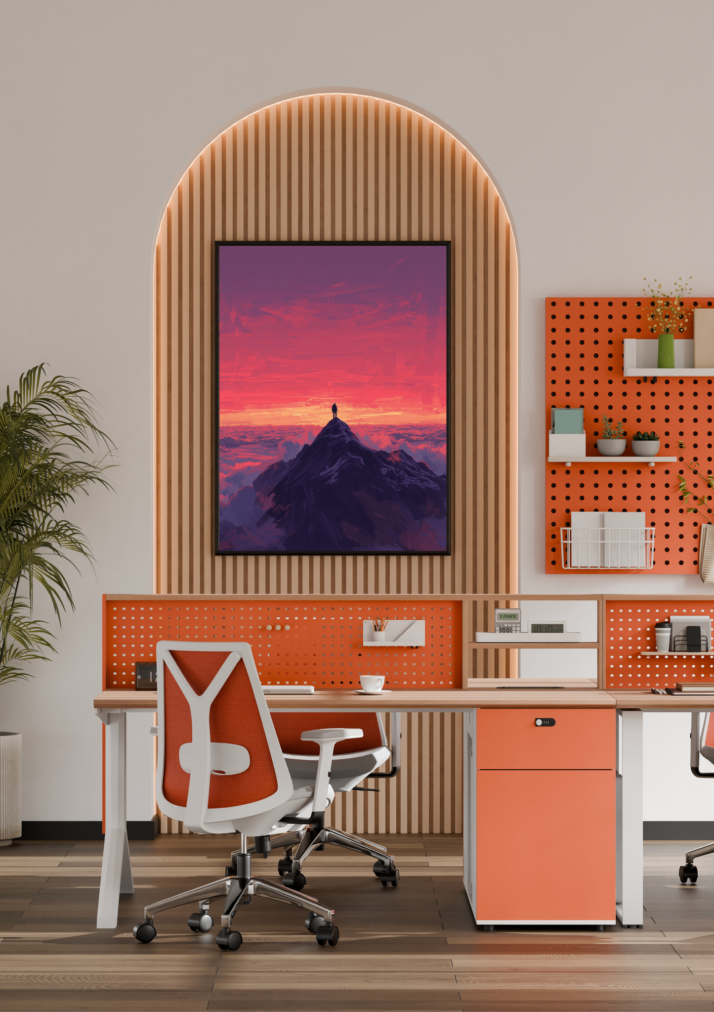 Bergpiek zonsondergang schilderij in naturel houten lijst aan witte muur naast houten paspop en beige doos – cinematisch wall art thuiskantoor
