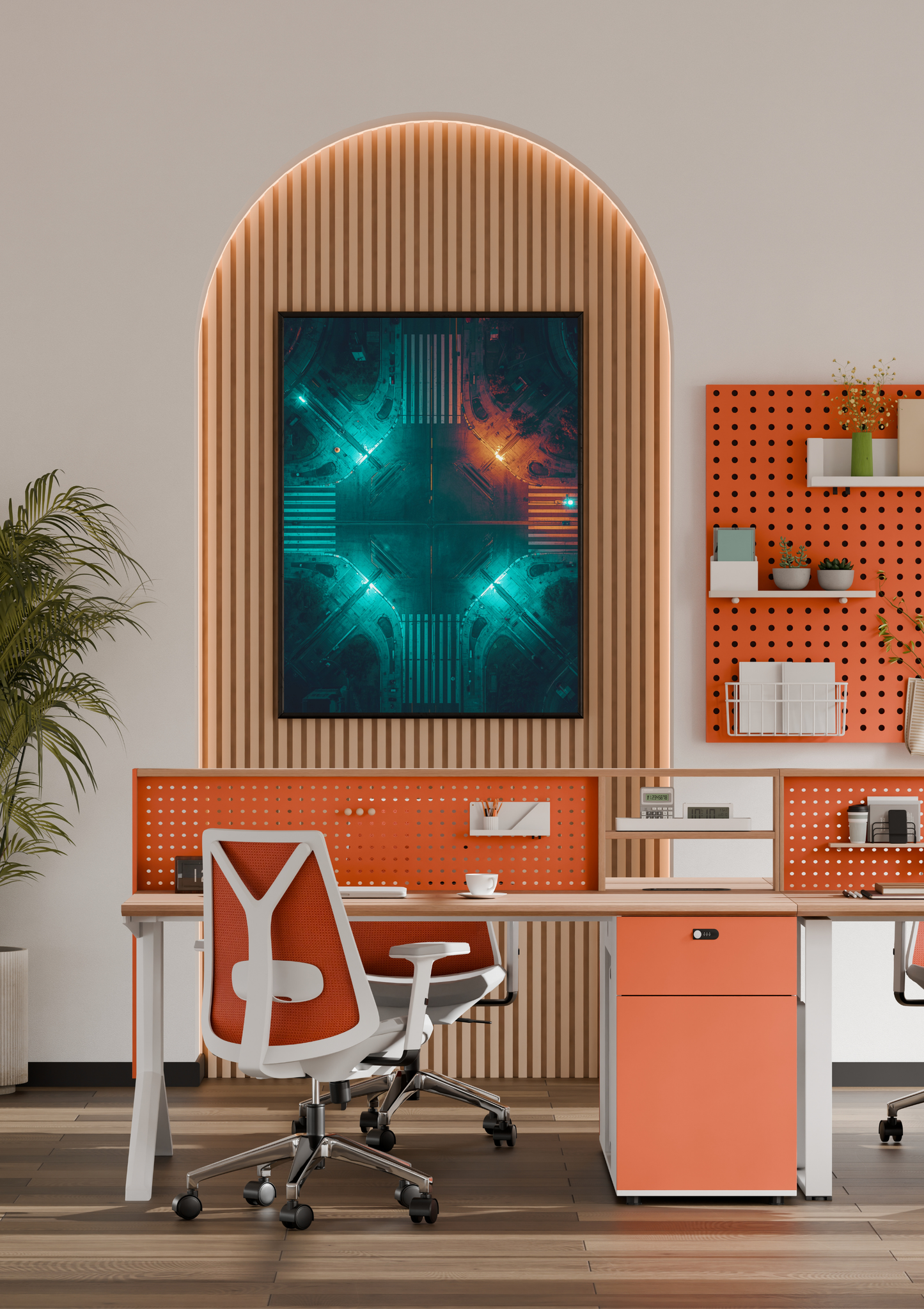 Neon kruispunt cyaan schilderij in naturel houten lijst aan witte muur naast houten paspop en beige doos – drone fotografie wall art thuiskantoor
