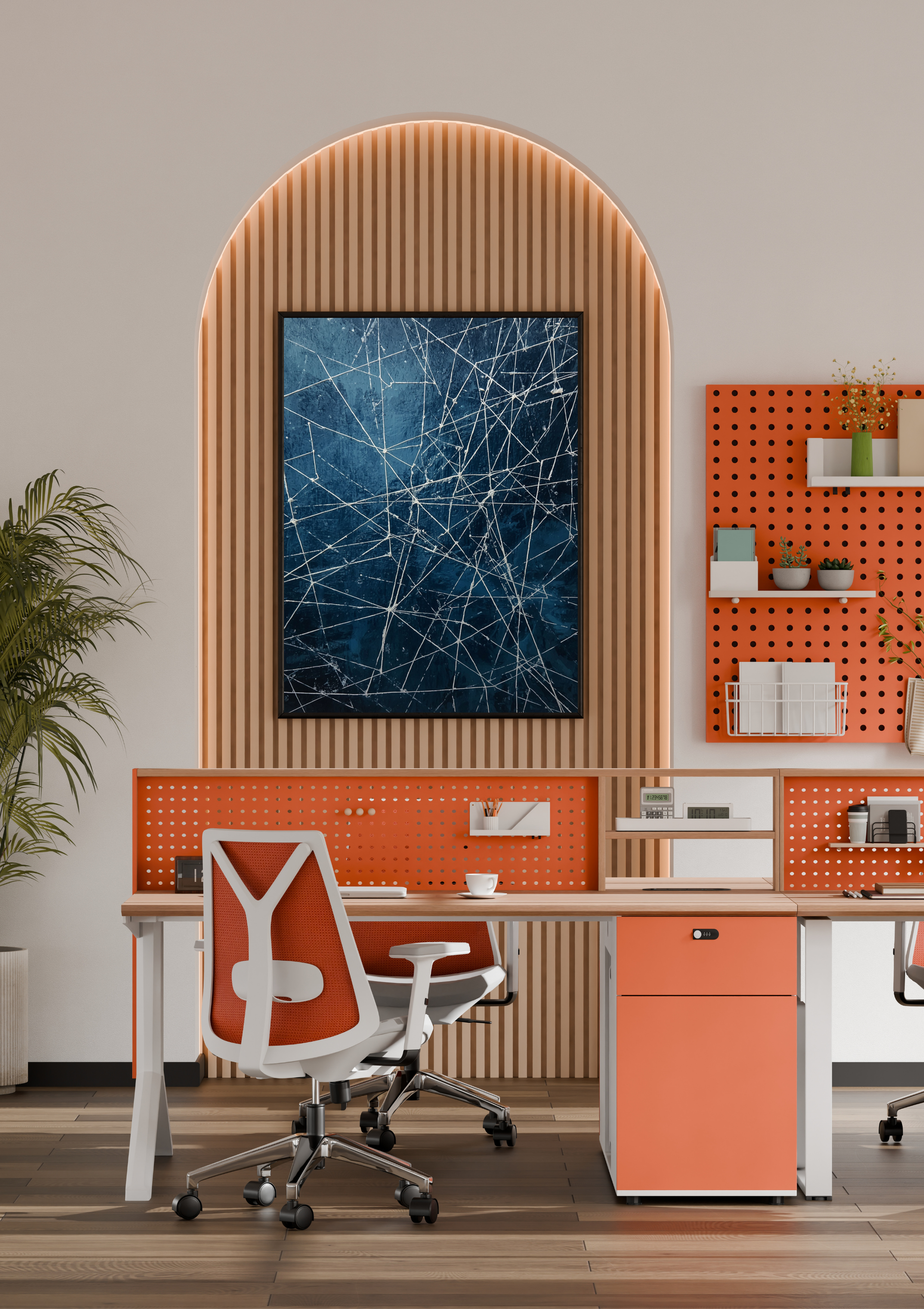 Abstract netwerk nachtblauw schilderij in naturel houten lijst aan witte muur naast houten paspop en beige doos – abstract wall art thuiskantoor
