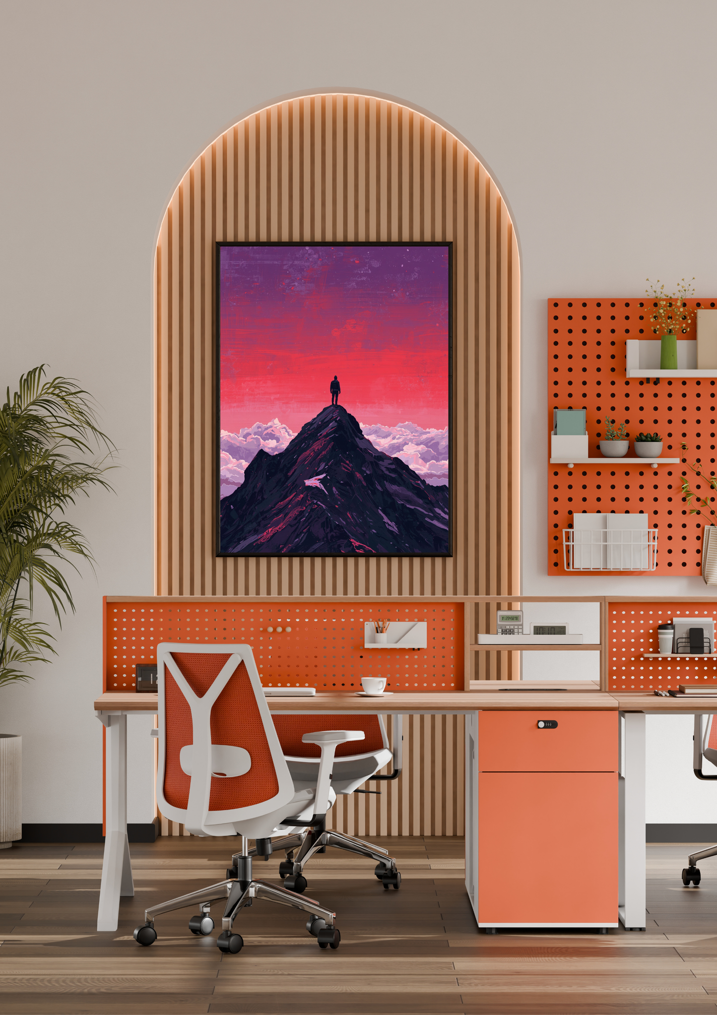 Bergpiek silhouet magenta schilderij in donkere lijst in houten boogvormige nis boven oranje bureau met bureaustoel en pegboard in modern kantoor – digitaal wall art thuiskantoor
