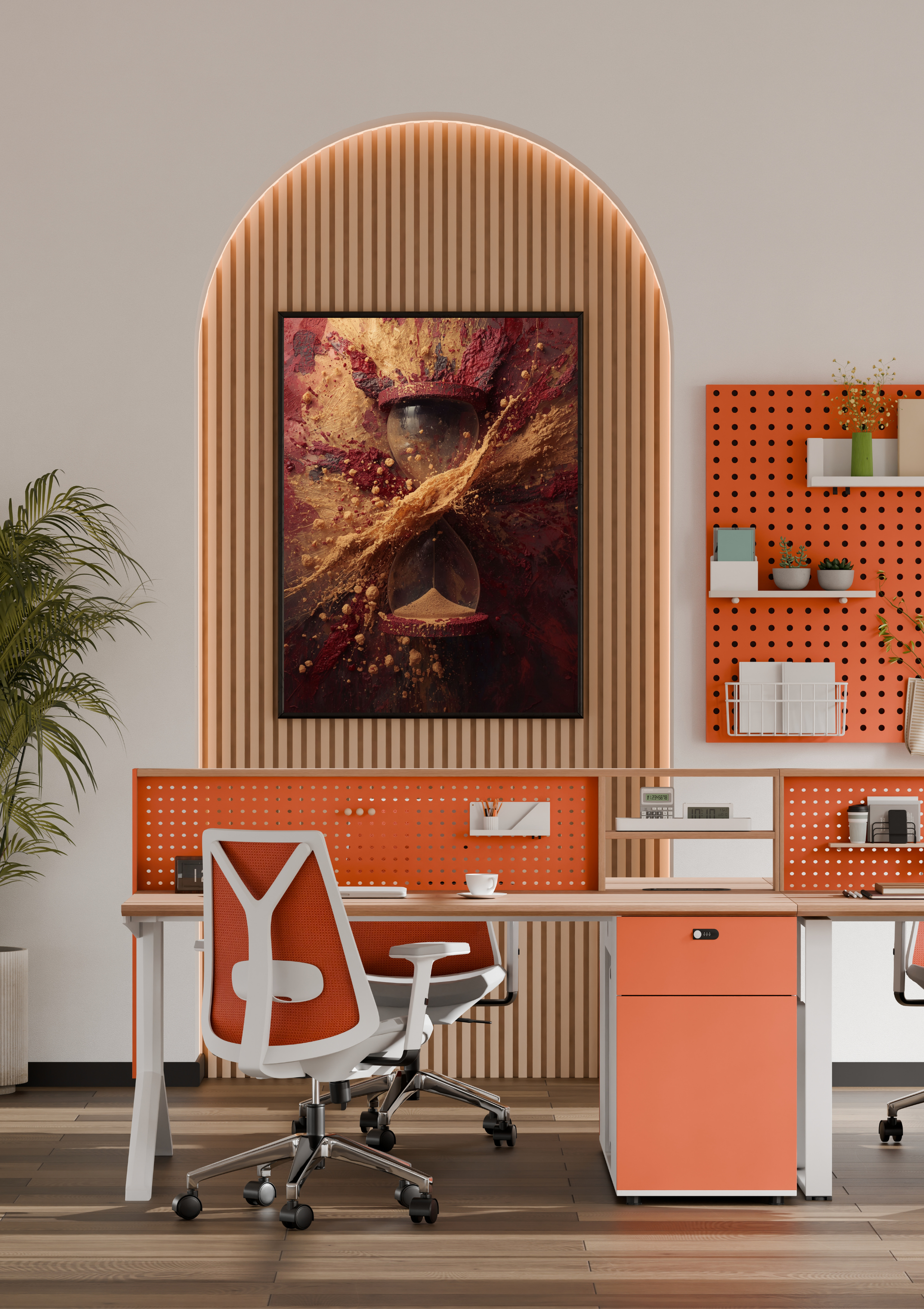 Zandloper gouden explosie schilderij in naturel houten lijst aan witte muur naast houten paspop en beige doos – cinematisch wall art thuiskantoor
