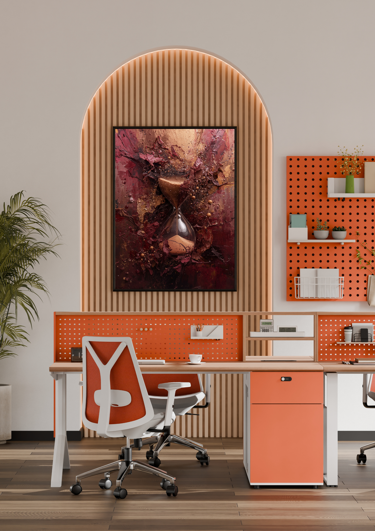 Zandloper bordeaux goud schilderij in donkere lijst in houten boogvormige nis boven oranje bureau met bureaustoel en pegboard in modern kantoor – cinematisch wall art thuiskantoor
