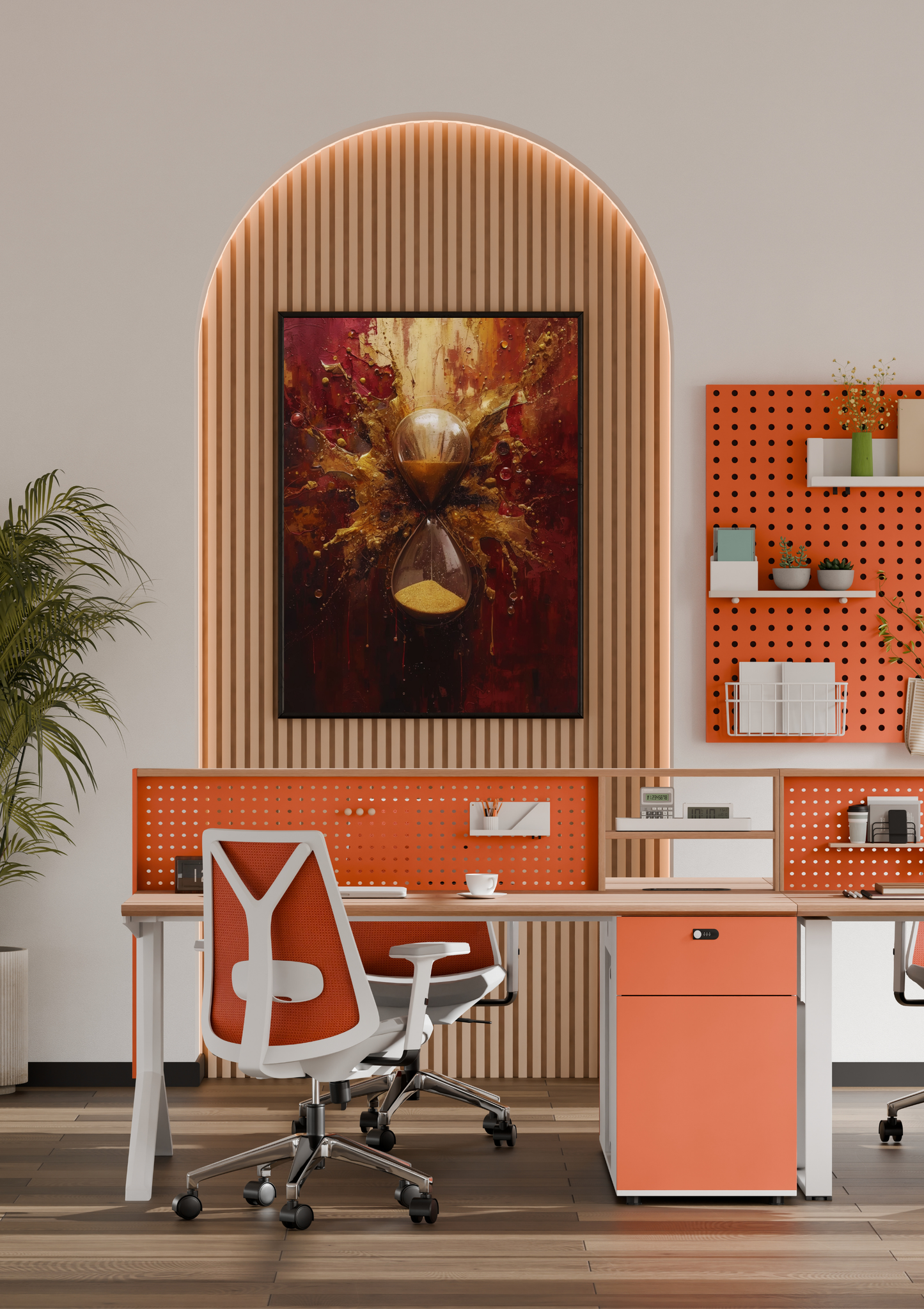 Zandloper goud bordeaux olieverf schilderij in naturel houten lijst aan witte muur naast houten paspop en beige doos – cinematisch wall art thuiskantoor
