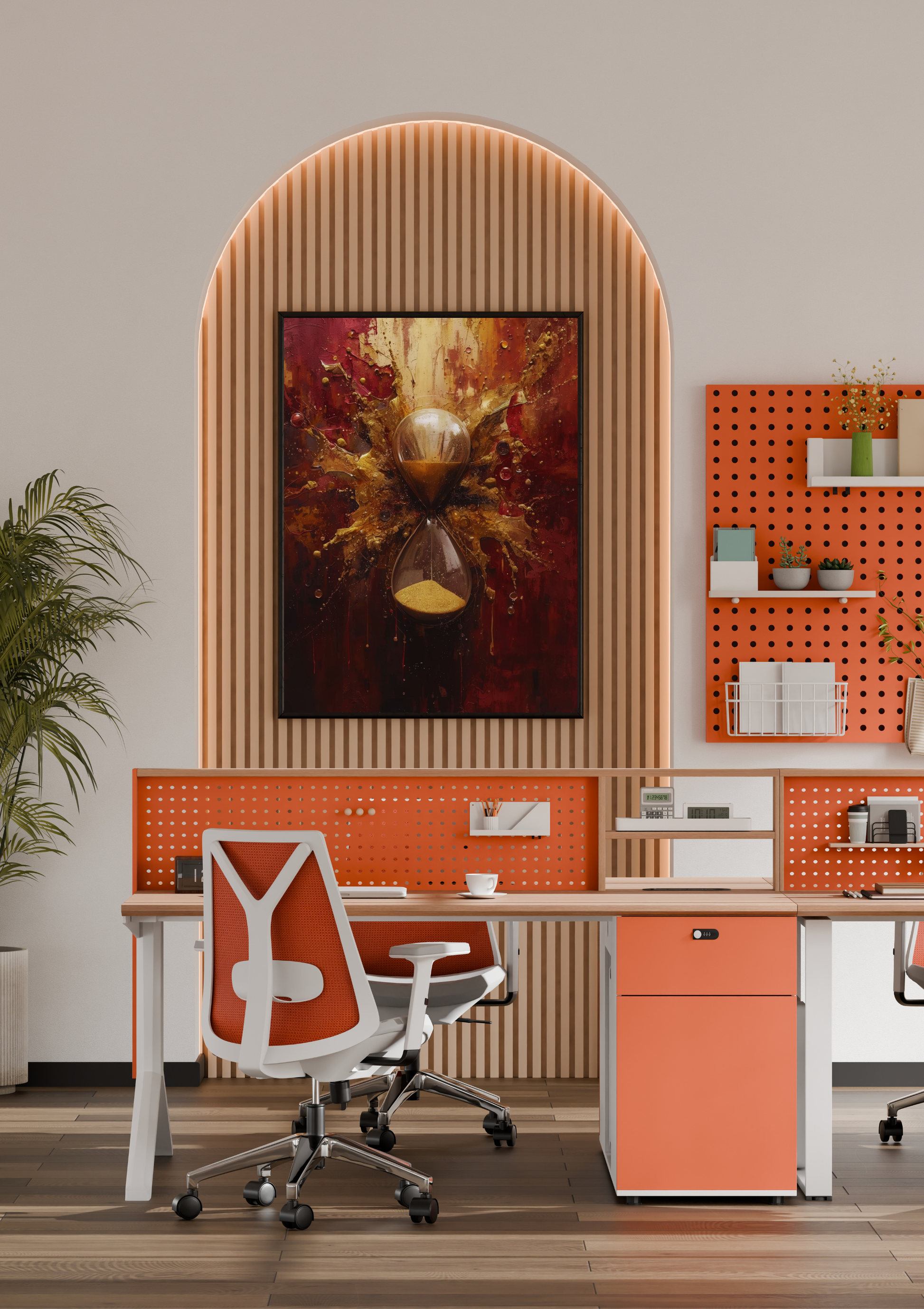 Zandloper goud bordeaux olieverf schilderij in naturel houten lijst aan witte muur naast houten paspop en beige doos – cinematisch wall art thuiskantoor
