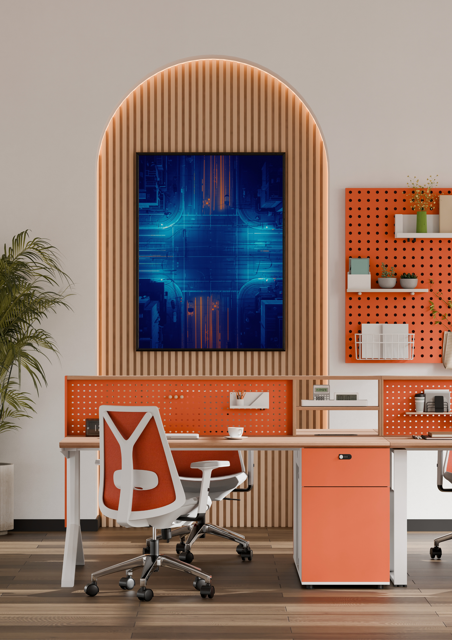 Cyberpunk stad neon blauw schilderij in naturel houten lijst aan witte muur naast houten paspop en beige doos – futuristisch wall art thuiskantoor
