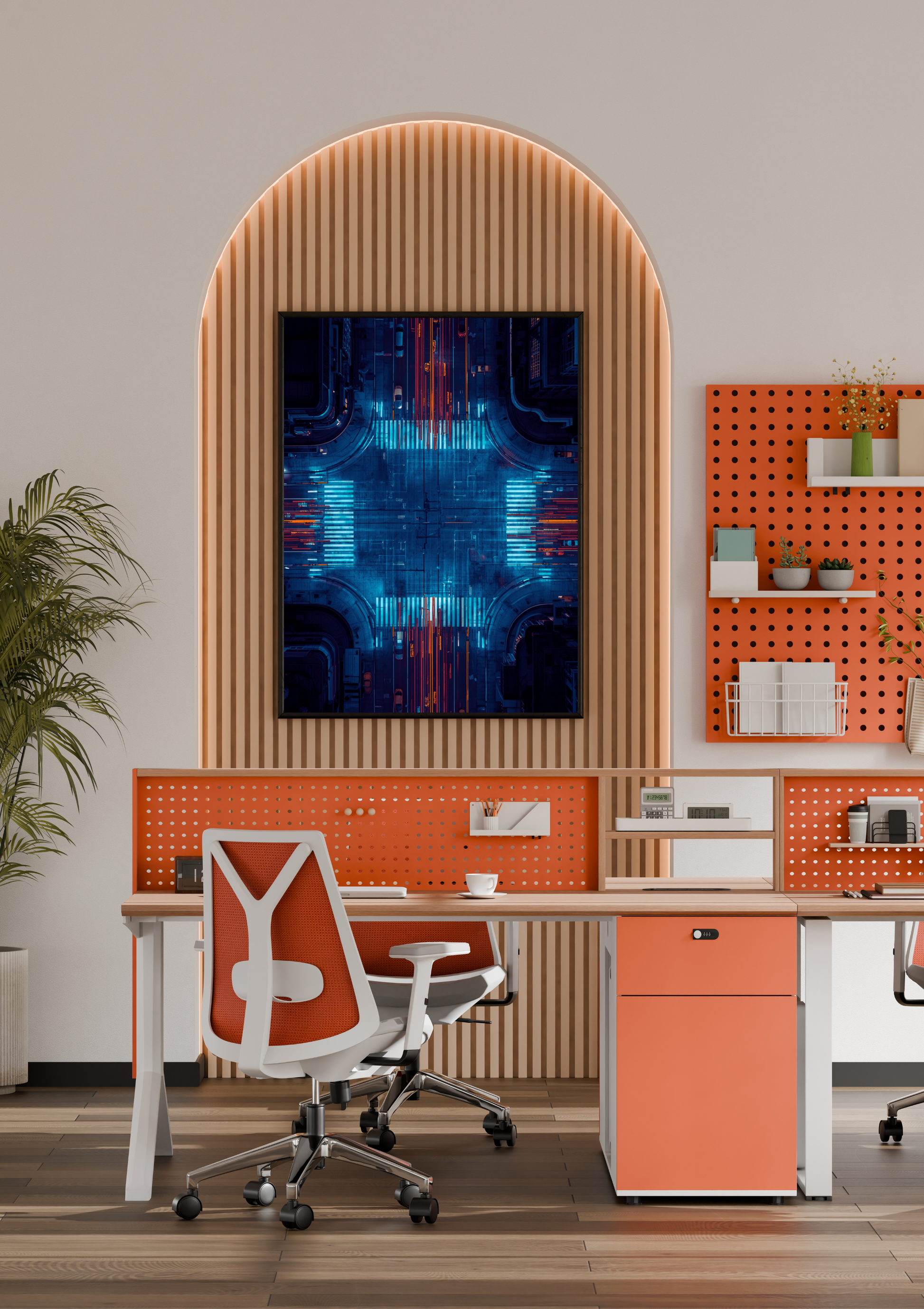 Cyberpunk kruispunt neon schilderij in naturel houten lijst aan witte muur naast houten paspop en beige doos – futuristisch wall art thuiskantoor
