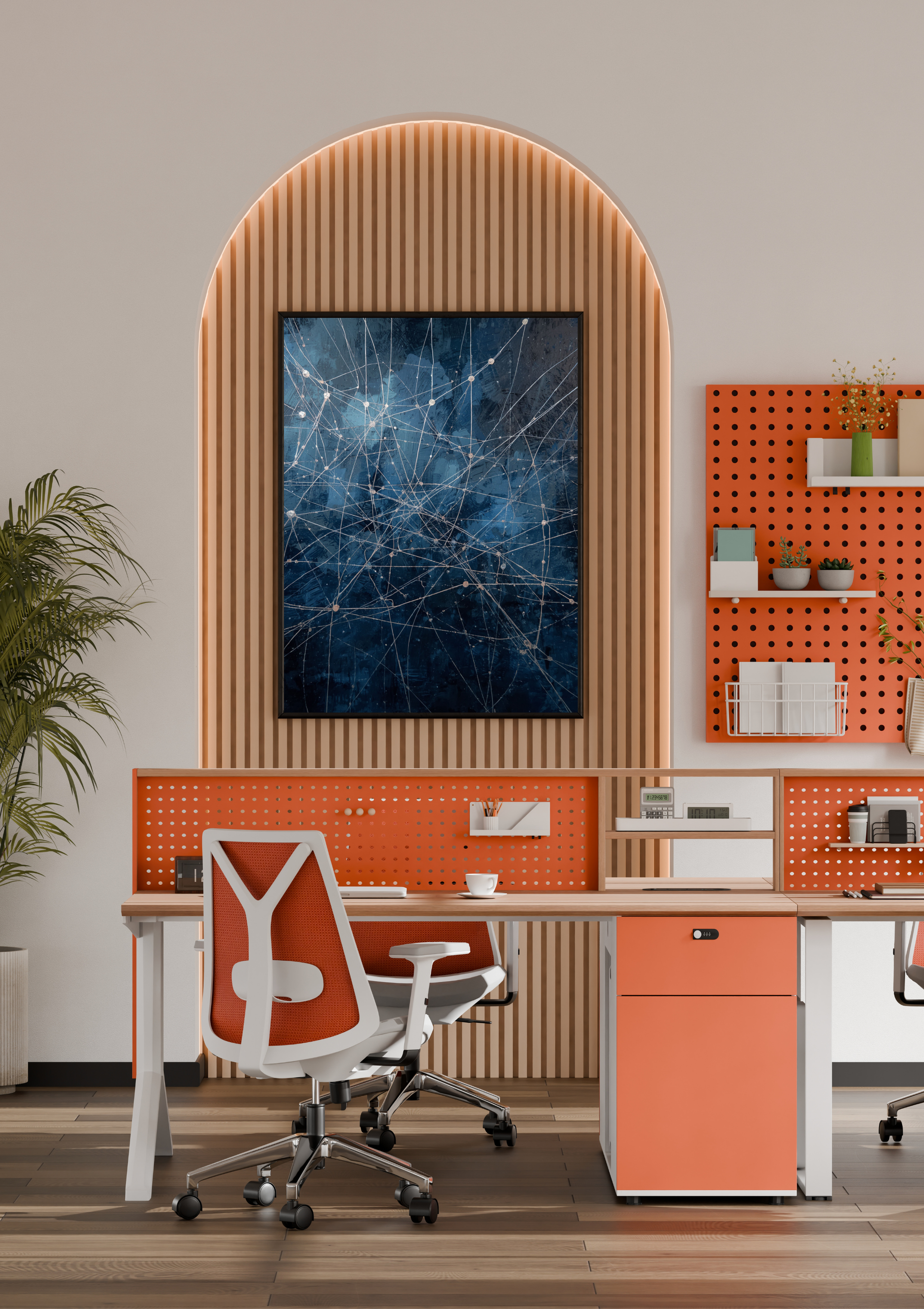 Neuraal netwerk schilderij in naturel houten lijst aan witte muur naast houten paspop en beige doos – abstract wall art thuiskantoor
